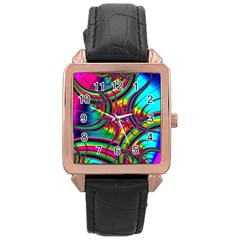 Abstract Neon Fractal Rainbows Rose Gold Leather Watch  by StuffOrSomething