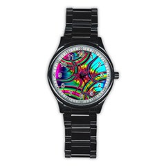 Abstract Neon Fractal Rainbows Sport Metal Watch (black) by StuffOrSomething