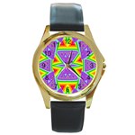 Trippy Rainbow Triangles Round Leather Watch (Gold Rim)  Front