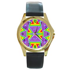Trippy Rainbow Triangles Round Leather Watch (gold Rim)  by SaraThePixelPixie