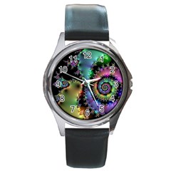 Satin Rainbow, Spiral Curves Through The Cosmos Round Leather Watch (silver Rim) by DianeClancy