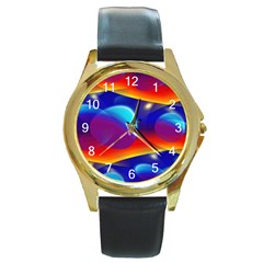 Planet Something Round Leather Watch (gold Rim)  by SaraThePixelPixie