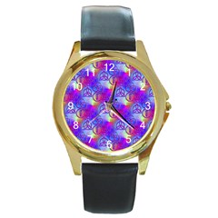 Rainbow Led Zeppelin Symbols Round Leather Watch (gold Rim)  by SaraThePixelPixie