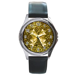 Golden Sequins And Bow Round Leather Watch (silver Rim) by ElenaIndolfiStyle