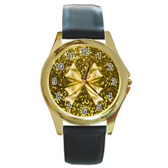 Golden Sequins And Bow Round Leather Watch (gold Rim)  by ElenaIndolfiStyle