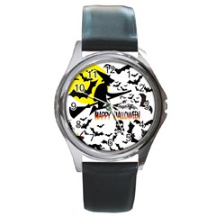 Happy Halloween Collage Round Leather Watch (silver Rim) by StuffOrSomething