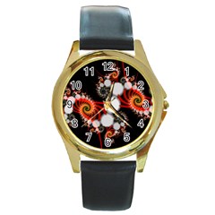 Mysterious Dance In Orange, Gold, White In Joy Round Leather Watch (gold Rim)  by DianeClancy