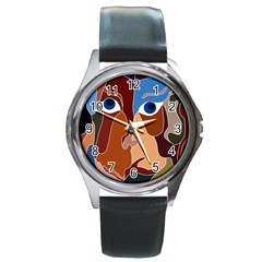 Abstract God Round Leather Watch (silver Rim) by AlfredFoxArt