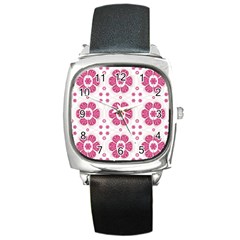 Sweety Pink Floral Pattern Square Leather Watch by dflcprints