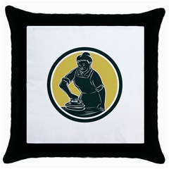 African American Woman Ironing Clothes Woodcut Black Throw Pillow Case by retrovectors