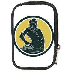 African American Woman Ironing Clothes Woodcut Compact Camera Leather Case by retrovectors