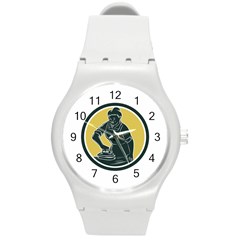 African American Woman Ironing Clothes Woodcut Plastic Sport Watch (medium) by retrovectors