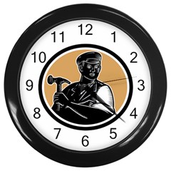 Carpenter Holding Hammer Woodcut Wall Clock (black) by retrovectors