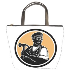 Carpenter Holding Hammer Woodcut Bucket Handbag