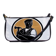 Carpenter Holding Hammer Woodcut Evening Bag by retrovectors