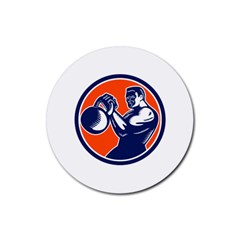 Bodybuilder Lifting Kettlebell Woodcut Drink Coasters 4 Pack (round) by retrovectors