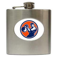 Bodybuilder Lifting Kettlebell Woodcut Hip Flask by retrovectors