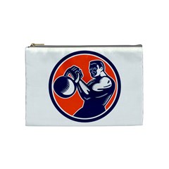 Bodybuilder Lifting Kettlebell Woodcut Cosmetic Bag (medium) by retrovectors