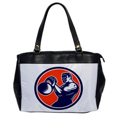 Bodybuilder Lifting Kettlebell Woodcut Oversize Office Handbag (one Side) by retrovectors