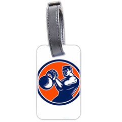 Bodybuilder Lifting Kettlebell Woodcut Luggage Tag (two Sides) by retrovectors