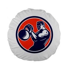 Bodybuilder Lifting Kettlebell Woodcut 15  Premium Round Cushion  by retrovectors