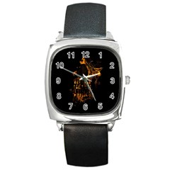 Skull Burning Digital Collage Illustration Square Leather Watch by dflcprints