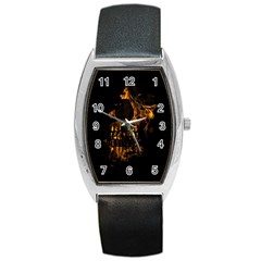 Skull Burning Digital Collage Illustration Tonneau Leather Watch by dflcprints