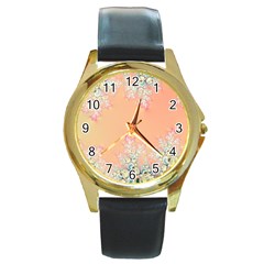 Peach Spring Frost On Flowers Fractal Round Leather Watch (gold Rim)  by Artist4God