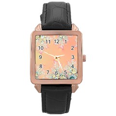 Peach Spring Frost On Flowers Fractal Rose Gold Leather Watch 