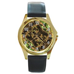 Artificial Tribal Jungle Print Round Leather Watch (gold Rim)  by dflcprints