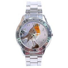 Robin On Log Stainless Steel Watch by ArtByThree