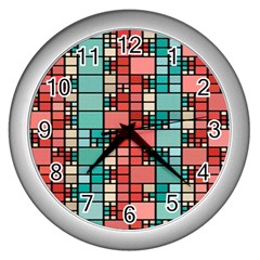 Red And Green Squares Wall Clock (silver) by LalyLauraFLM