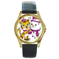 Winter Time Zoo Friends   004 Round Leather Watch (gold Rim)  by Colorfulart23