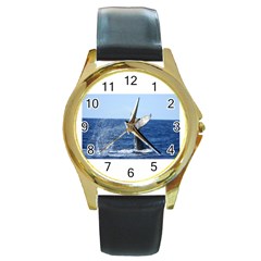 Humpback Whale Tail 2 Round Leather Watch (gold Rim)  by centralcharms1