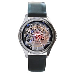 Medusa Round Leather Watch (Silver Rim)