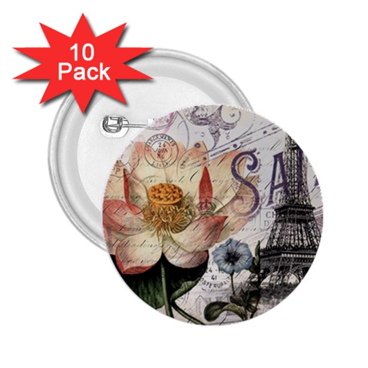 Vintage Paris Eiffel Tower Floral 2.25  Button (10 pack)