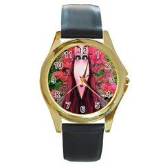 Tree Spirit Round Leather Watch (gold Rim)  by icarusismartdesigns