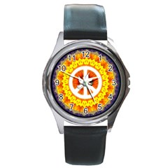 Psychedelic Peace Dove Mandala Round Leather Watch (silver Rim)