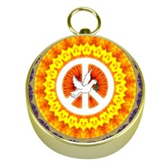 Psychedelic Peace Dove Mandala Gold Compass