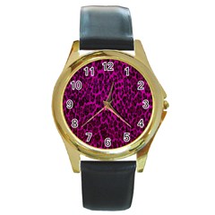 Pink Cheetah  Round Leather Watch (gold Rim)  by OCDesignss
