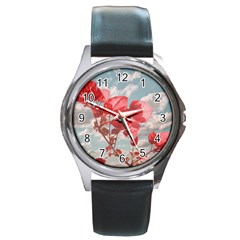 Flowers In The Sky Round Leather Watch (silver Rim) by dflcprints