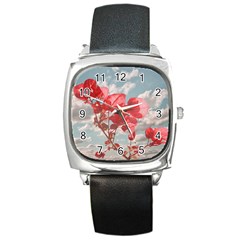 Flowers In The Sky Square Leather Watch by dflcprints