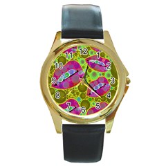 Sassy Lips Bubbles  Round Leather Watch (gold Rim)  by OCDesignss