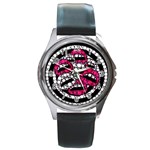 Bling Lips  Round Leather Watch (Silver Rim) Front