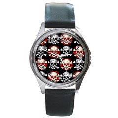 Red Black Skull Polkadots  Round Leather Watch (silver Rim) by OCDesignss