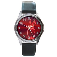 Riding At Dusk Round Leather Watch (Silver Rim)