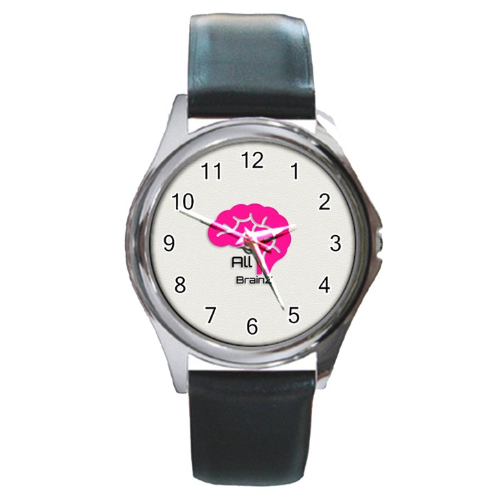 All Brains Leather  Round Leather Watch (Silver Rim)