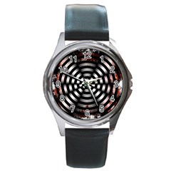 Zombie Apocalypse Warning Sign Round Leather Watch (silver Rim) by StuffOrSomething