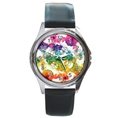 Multicolored Floral Swirls Decorative Design Round Leather Watch (silver Rim) by dflcprints