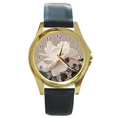 White Rose Vintage Style Photo In Ocher Colors Round Leather Watch (gold Rim)  by dflcprints
